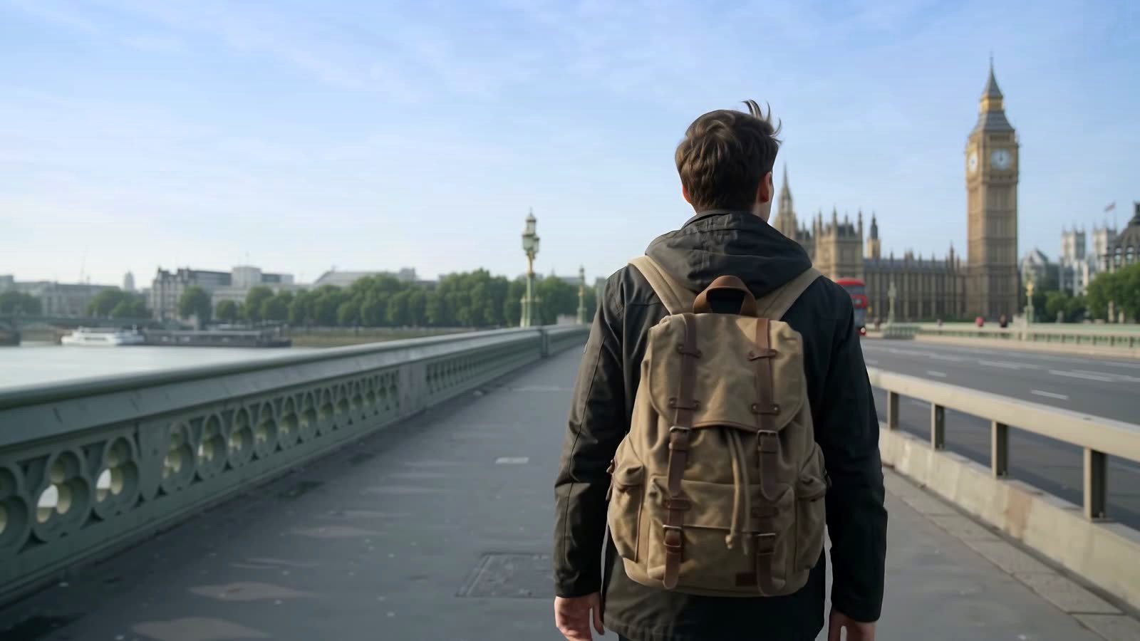 Viajante de mochila atravessando uma ponte em Londres, com o Big Ben ao fundo
